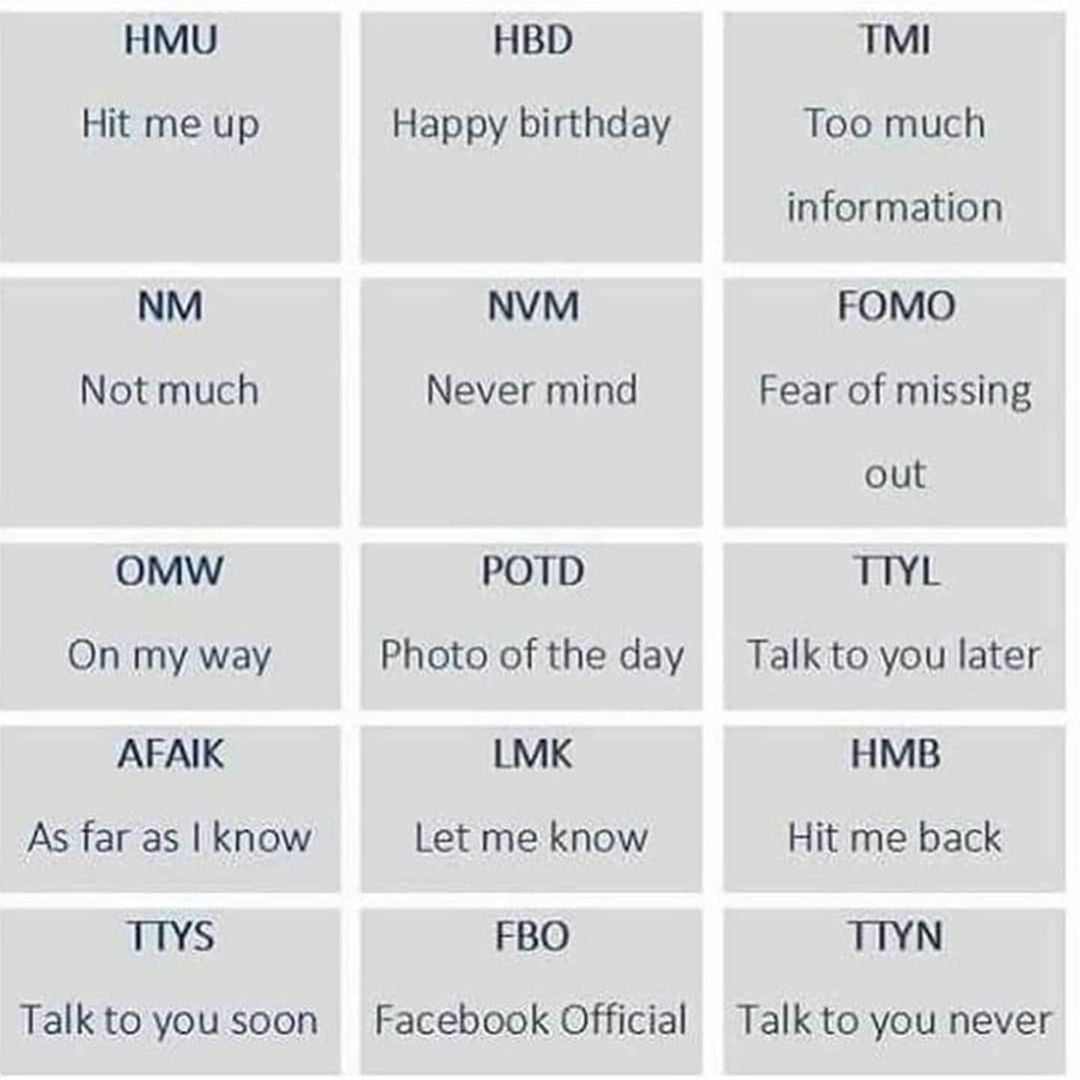 backspacetrans's tweet photo. Singkatan dalam texting dan tweeting yang sering dipakai dalam bahasa Inggris. | Dari @comonmistake https://t.co/1RiiAMRJbH