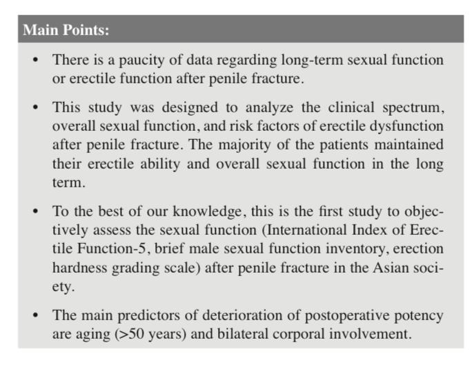 Sexual function outcomes and risk factors of erectile dysfunction after surgical repair of penile fracture

#erectiledysfunction #penilefracture #riskfactors #sexualfunction

@Uroweb @AmerUrological @ISSM_INFO @essm_tweets @AndrologyASA 

Article Link :
 pubmed.ncbi.nlm.nih.gov/33052833/