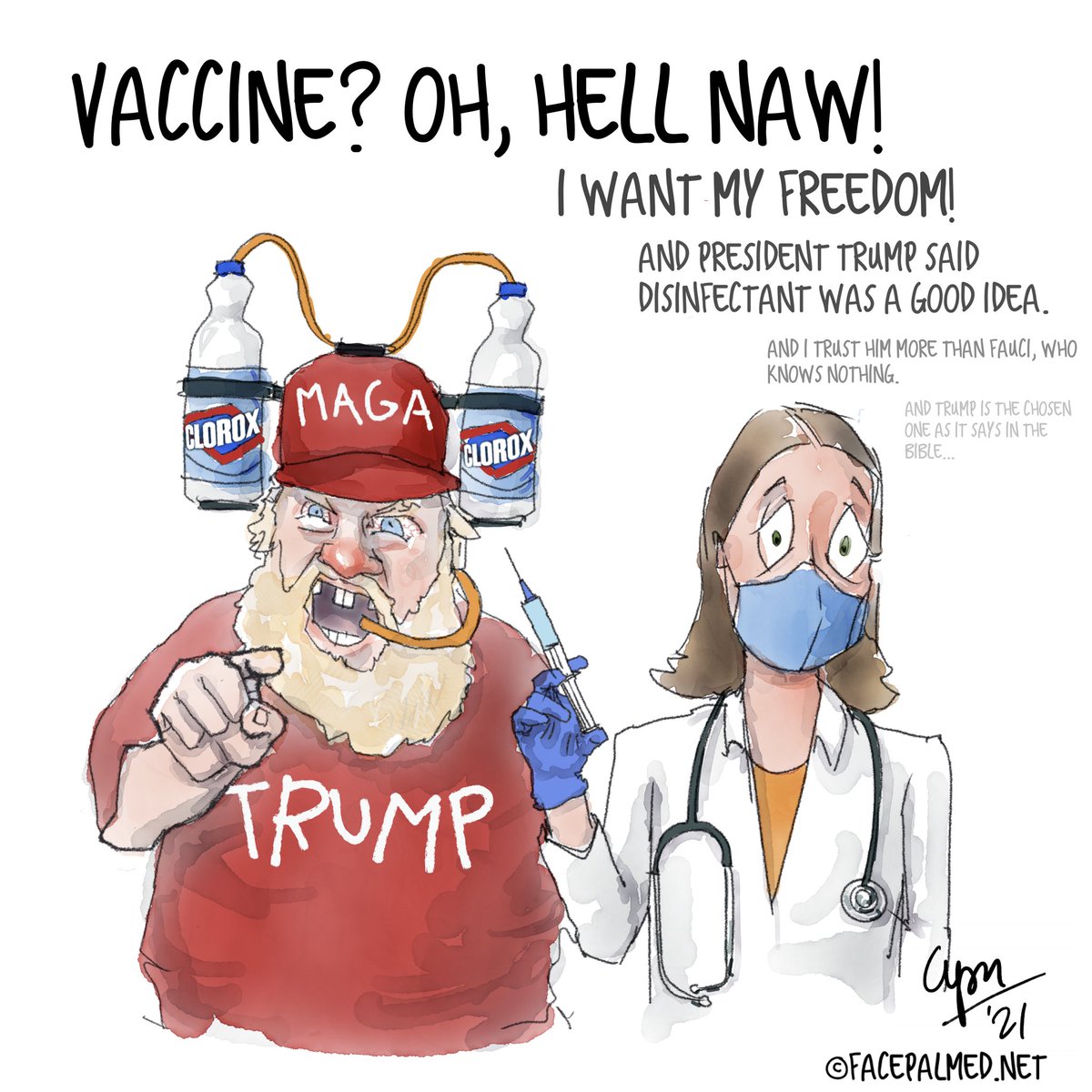 FacepalmedHumor's tweet photo. These #COVIDIOTS will drink Trump’s bleach kool aid before getting the vaccine. Guess they are now... #prochoice? 🤦‍♂️ #politicalcartoon #CovidVaccine #Covid_19 #VaccinesWork #gop #trump #antivaxxers #AntiVaccine https://t.co/d411lg1yui