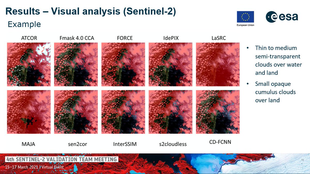 BrockmannCon's tweet photo. Join us today at #S2VT meeting when Jan is giving insights into results from Cloud Masking Inter-comparison Exercise.CMIX is a CEOS initiative, jointly implemented by ESA & NASA, comparing multiple cm algorithms for #S2 & #LS8.We are looking forward to a lively exchange with you. https://t.co/Tze2oZIaiE