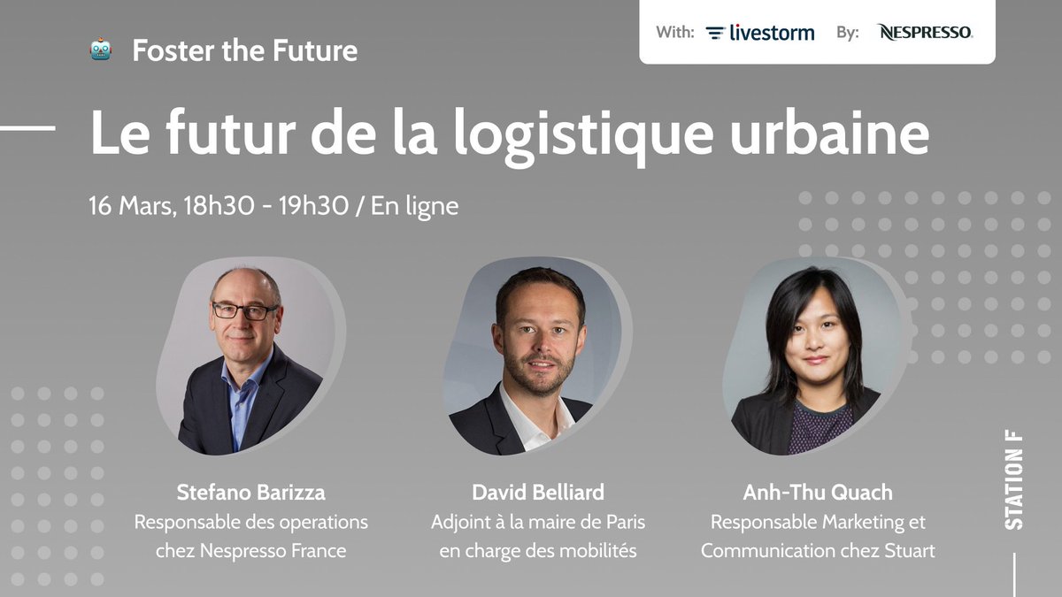 Grégoire Martinez (@gregoire_fr) on Twitter photo Rendez-vous ce soir à 18h30 en direct de <a href="/joinstationf/">STATION F</a> pour parler du futur de la logistique urbaine avec <a href="/David_Belliard/">David Belliard</a>, adjoint à la maire de Paris, <a href="/Stuart_Delivery/">Stuart</a> et <a href="/NespressoFR/">Nespresso France</a> !
Inscriptions ici ⏩ app.livestorm.co/station-f-3/le… Rendez-vous ce soir à 18h30 en direct de <a href="/joinstationf/">STATION F</a> pour parler du futur de la logistique urbaine avec <a href="/David_Belliard/">David Belliard</a>, adjoint à la maire de Paris, <a href="/Stuart_Delivery/">Stuart</a> et <a href="/NespressoFR/">Nespresso France</a> !
Inscriptions ici ⏩ app.livestorm.co/station-f-3/le…
