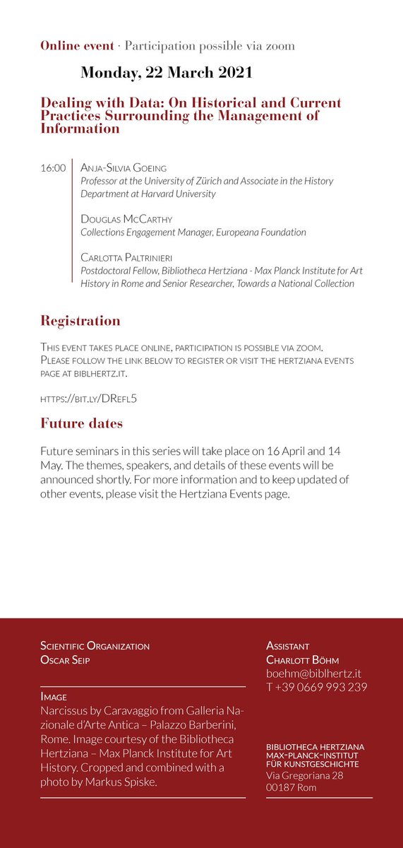 BiblHertz's tweet photo. The next seminar of our #DigitalReflections series takes place next Monday, March 22 at 4pm: βDealing with data: On historical and current practices surrounding the management of informationβ, with @debatesovert, @CultureDoug and @CarlPaltr.
https://t.co/p7vX0NNZBu https://t.co/TyxZxGAhp6