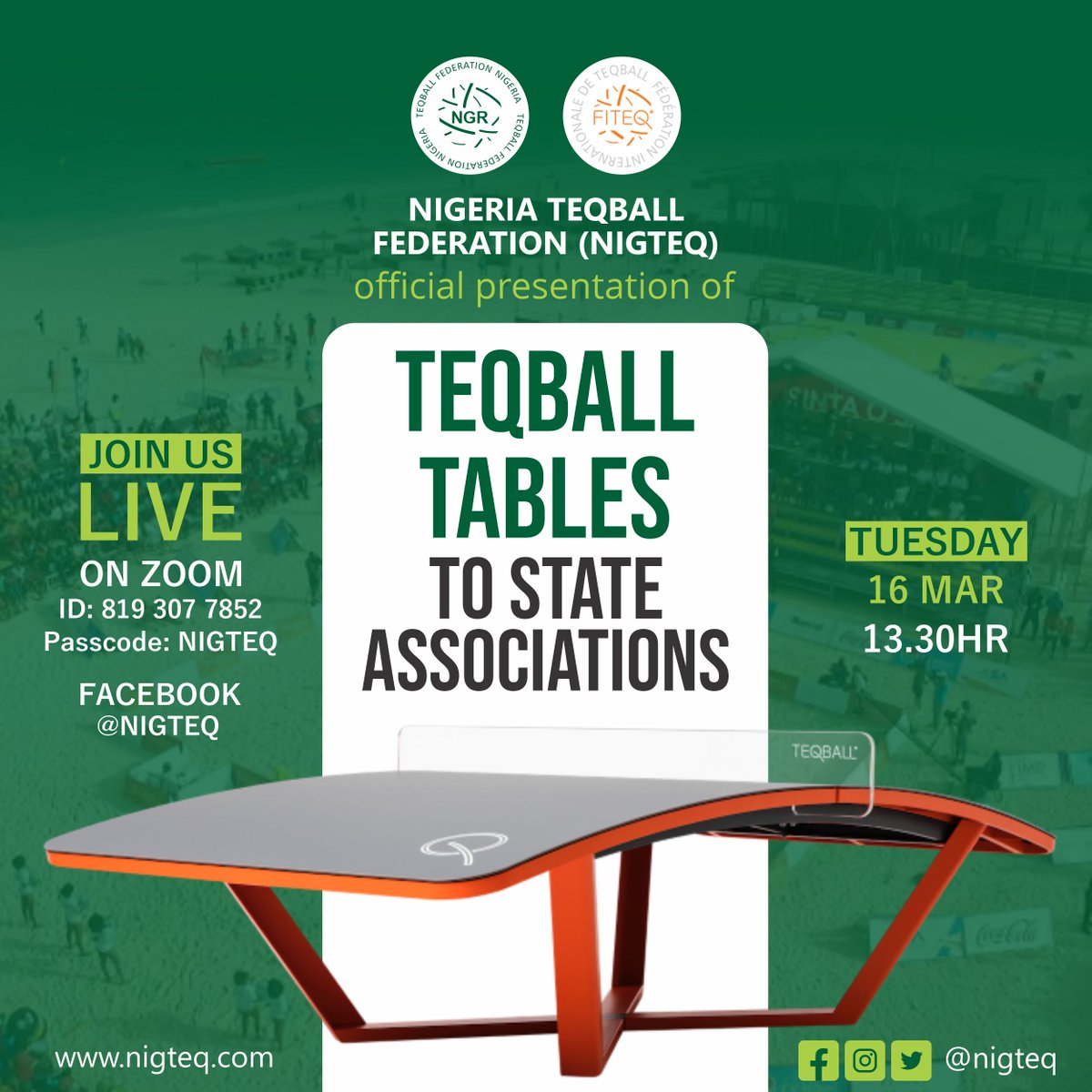 nigteq's tweet image. Nigeria Teqball Federation is inviting you to a scheduled Zoom Conference meeting to present Teqball Tables to State Association.

Join Zoom Meeting
zoom.us/j/8193077852?p…

Meeting ID: 819 307 7852
Passcode: NIGTEQ