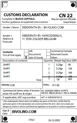 Brexit delivery issues to UK: our Bivolino customer had to pay import duties and VAT for tot £227; but Bivolino payed VAT already and declared custom with attached CN22 document: customers are getting crazy!!