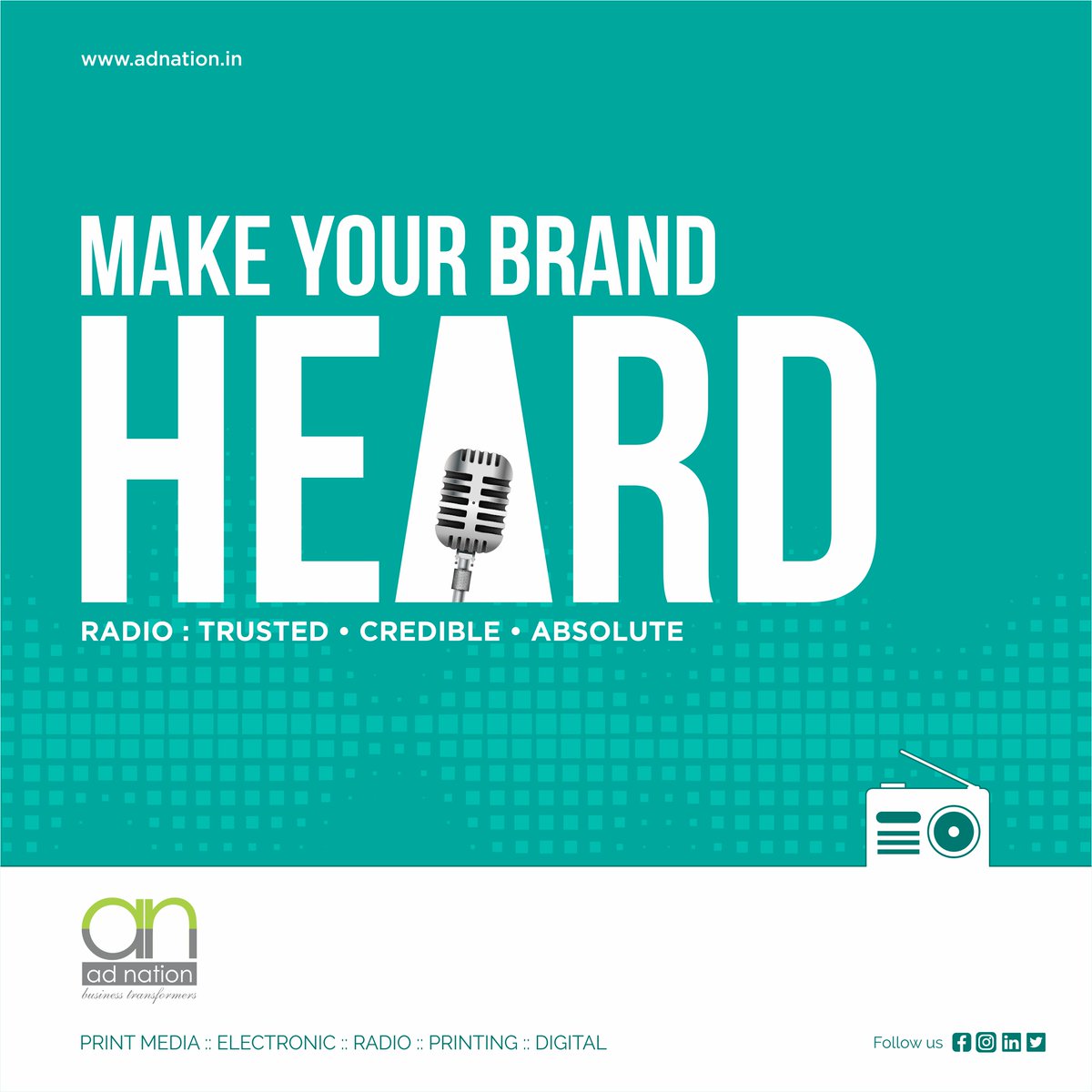 Make your Brand Heard

Radio 📻
Trusted
Credible
Absolute

ad nation - business transformers

☑ Print Media 
☑ Electronic
☑ Radio
☑ Printing
☑ Digital

#promotions #BestAdvertisingAgency #branding #printing #digital #adnation #adnationmedia #advertising