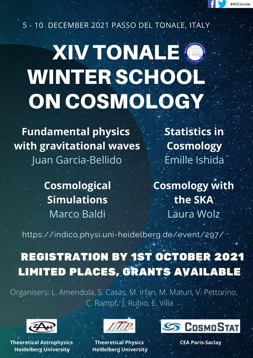 Registration for the XIV Tonale School on Cosmology is now open!! The school will take place from 5th -10th December 2021, in Tonale (Italy).
Register by 1st October 2021 indico.physi.uni-heidelberg.de/event/297 
#WSCtonale #cosmology #astronomy #passodeltonale