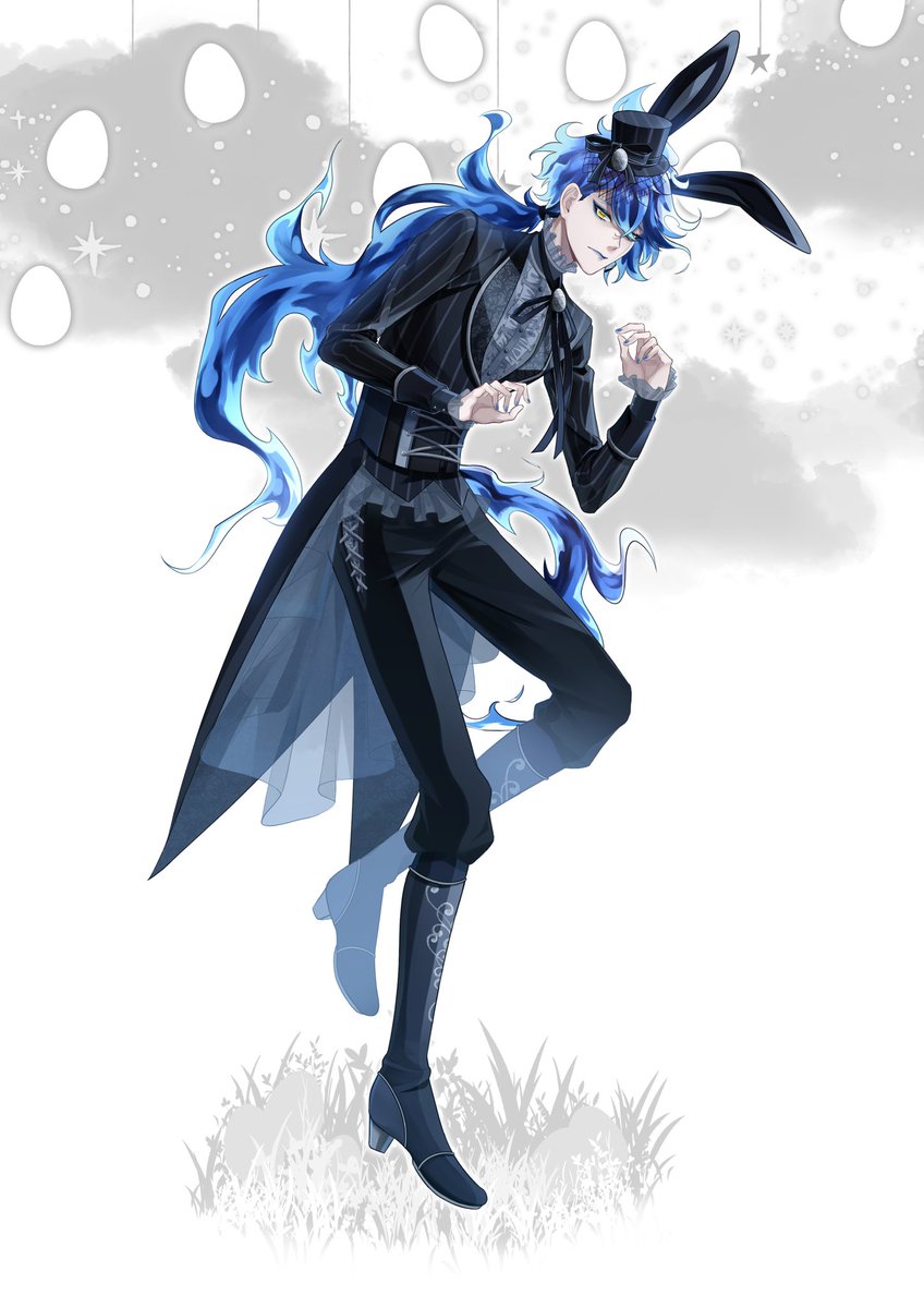1boy male focus yellow eyes blue hair solo fiery hair makeup  illustration images