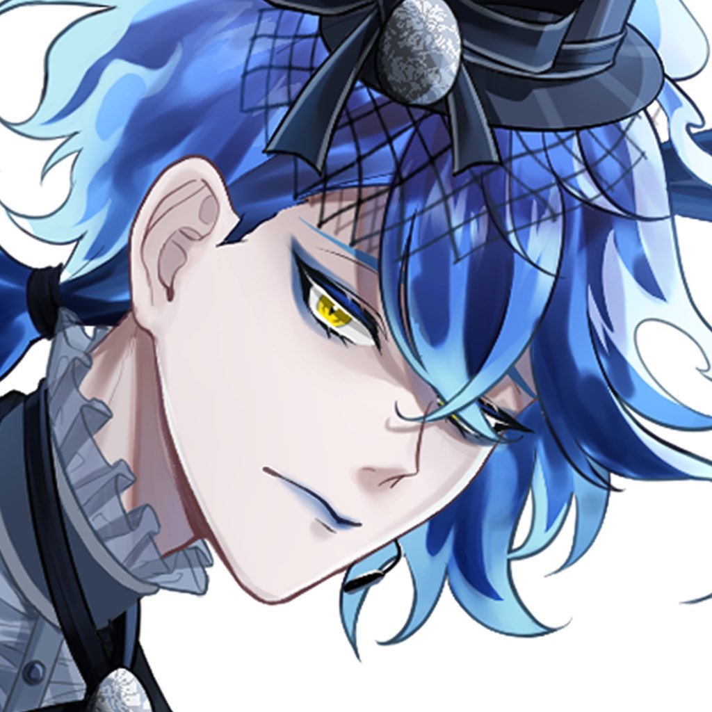 1boy male focus yellow eyes blue hair solo fiery hair makeup  illustration images