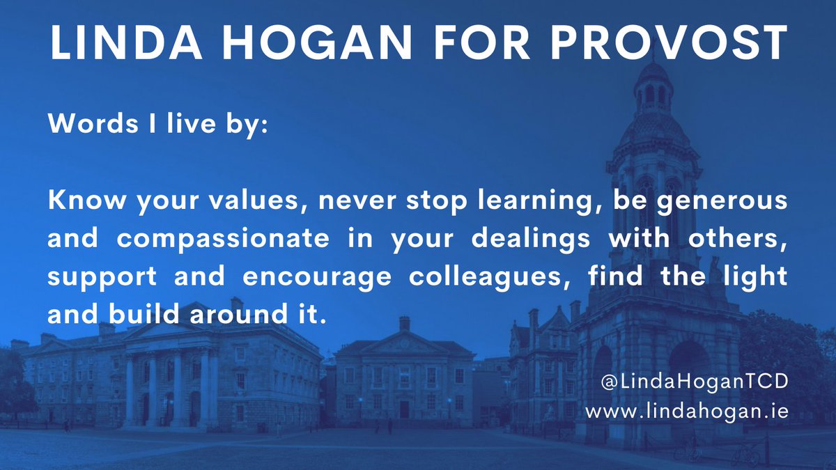 LindaHoganTCD's tweet photo. @tcddublin needs a skilled & experienced leader to protect our historic achievements, & to build our position as a leading global university. I bring a style of leadership that embodies #EgalitarianValues, #Empowerment, & #Respect
#ChooseToChallenge #TheTimeIsNow https://t.co/126nDL8EzC