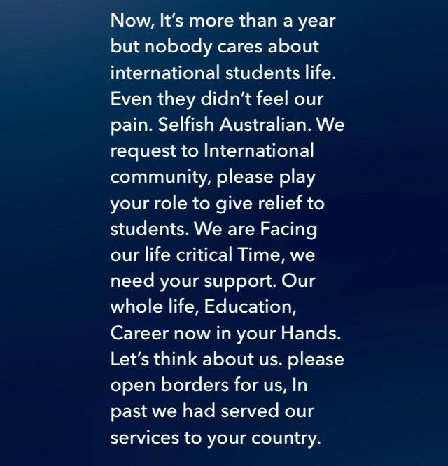 int_students11's tweet photo. please support Int students. Retweet &amp;raise our voice. Come forward, we need your Help
#LetUsBackToAus @ZakaWaqar @JustinTrudeau @9NewsPerth @liberal_party @PeterDutton_MP @AlanTudgeMP @PhilHoneywood @UNHumanRights @ausgov @ScottMorrisonMP @maxymedia @CISA_National @SBSPunjabi https://t.co/rCy9Hblc6K