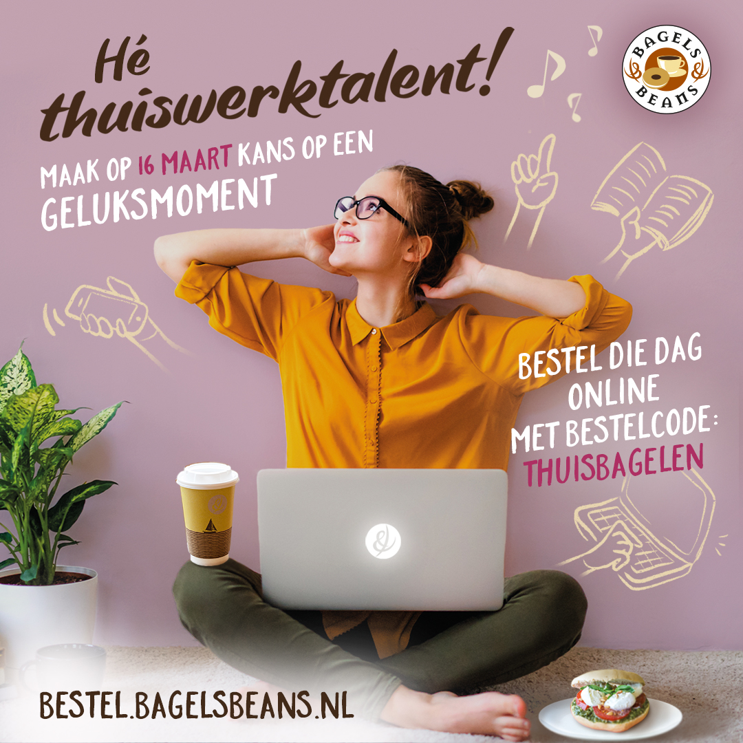 Vandaag is het de #dagvandethuiswerker. Daarom maak je vandaag kans op muzikale prijzen bij je bestelling via bestel.bagelsbeans.nl. Kans maken? Vul bij je bestelling de code 'thuisbagelen' in en doe mee!