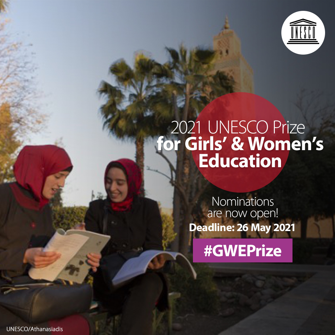 📢 Hello girls’ &amp; women’s education champions! 

Make sure you tell us about your innovative work before it is too late! Nominations for the 2021 UNESCO Prize for Girls' &amp; Women's Education are open!✌

Find out more: unesco.org/gwe