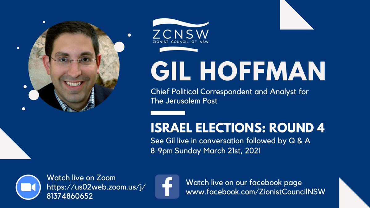 ZC_NSW's tweet photo. Round 4! 🗳️🗳️🗳️🗳️
 
As #Israel heads to 4th election in 2 yrs, we are excited to host on 21st March @Jerusalem_Post Chief Political Correspondent &amp; Analyst @Gil_Hoffman, in conversation with ZCNSW's @Ostrov_A, discussing all the key issues &amp; players.

Have question? Let us know! https://t.co/VdEHNPjevj