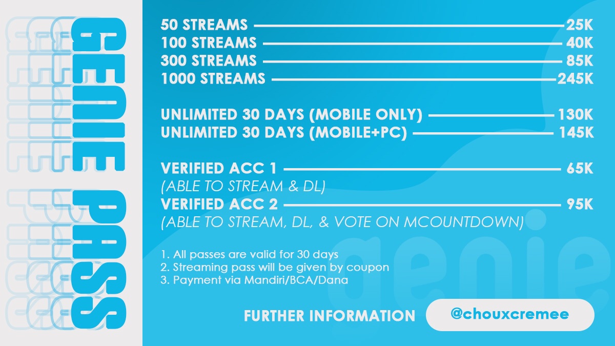 GENIE PASS

Hi! Aku jual streaming pass dan verified account untuk Genie. Semua pass berlaku 30 hari setelah diredeem dan diberikan dalam bentuk kode. Untuk harga lengkapnya bisa dicek di bawah😊

Bulk order bisa dm untuk dapat harga diskon✨