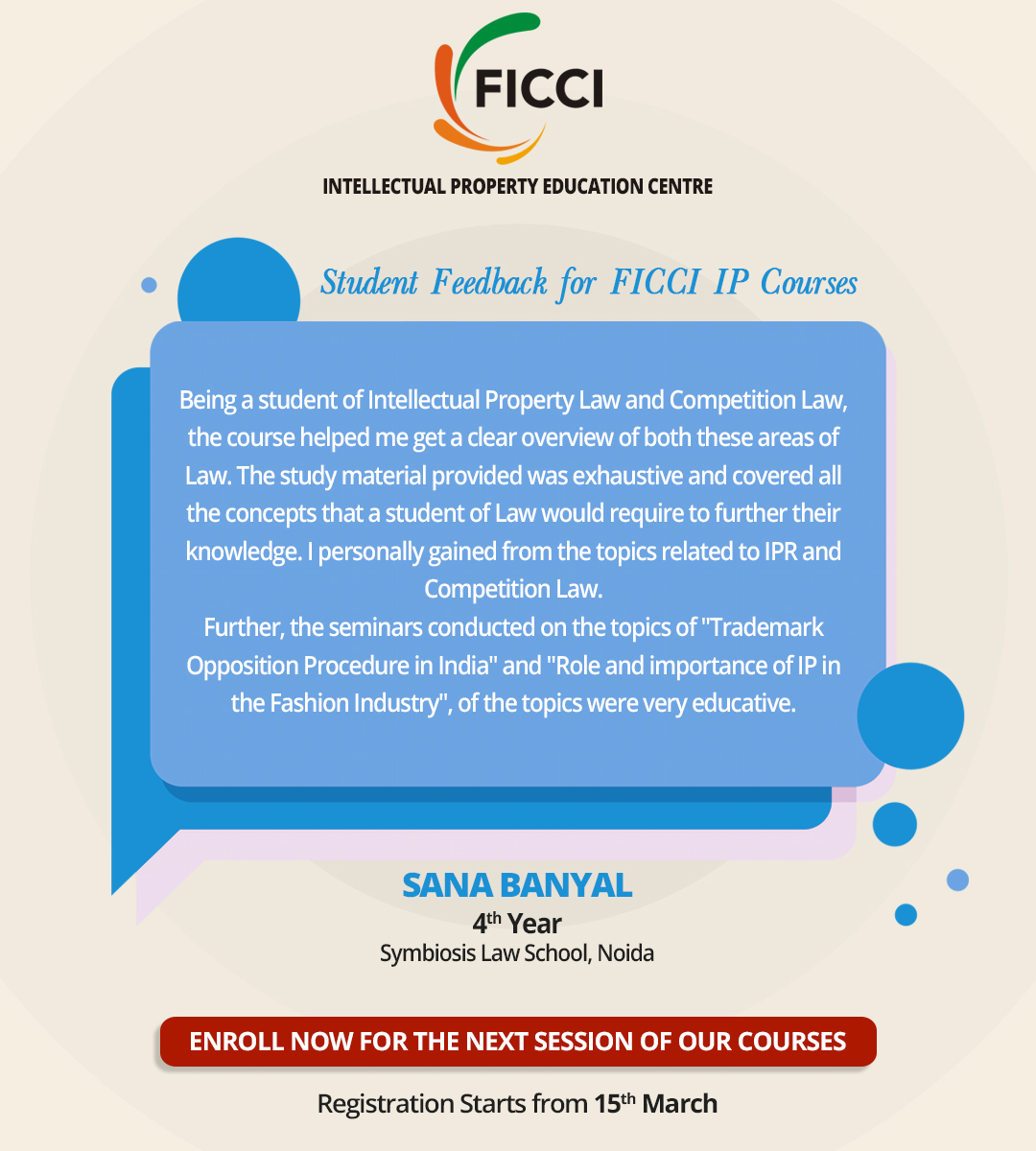 FicciIp's tweet image. Course Experience Continue #No7

FICCI IP Education Center has been instrumental in taking the mission and vision of IP Awareness forward. 

Such feedbacks are helping us to provide a better learning platform.

#ficciipcourse #letstalkip #courses #lawstudent #intellectualproperty