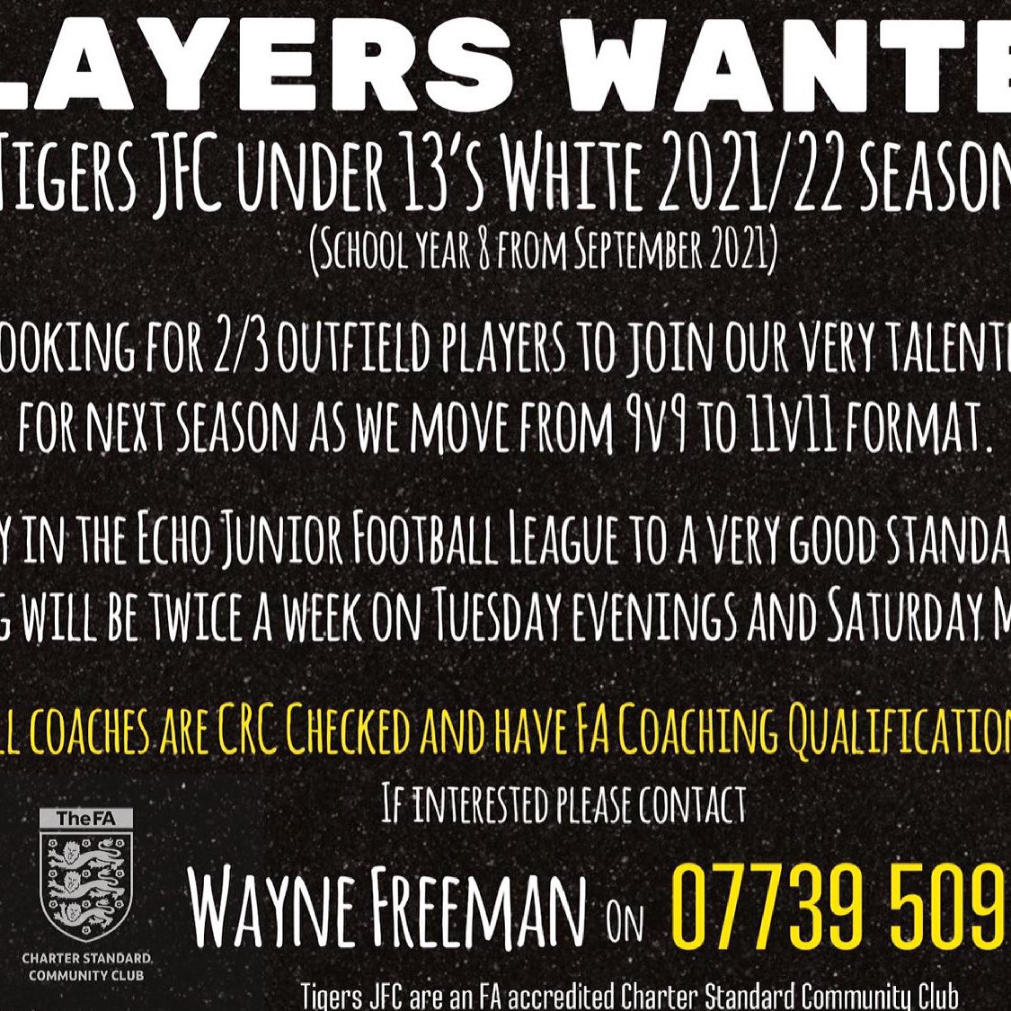 Additional players required to join existing squad as we step up to 11v11