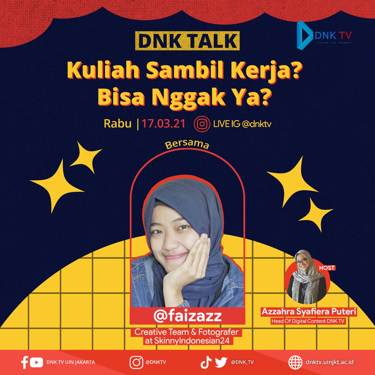 DNK_TV's tweet photo. [ *Proudly Present DNK Talk* 🗣️🎙️]

Hai Sobat Muda, Kreatif, Produktif!
Buat kamu yang lagi kuliah, pernah nggak sih kepikiran kuliah sambil kerja? 
Untuk menjawab semua pertanyaan kamu, yuk ikutan DNKTalk🗣️
#DNKTalk  #kuliahsambilkerja #mahasiswaproduktif #dnktv #dnktvuinjakarta https://t.co/n00WPyPu4Q