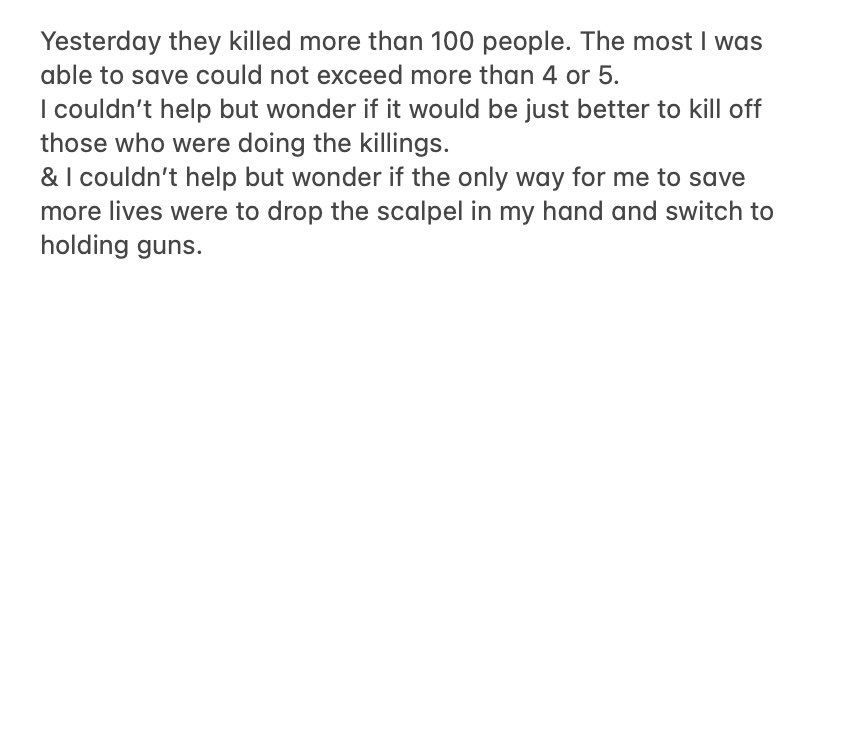 I came across a post written yesterday by a doctor who volunteered to help out in #HlaingTharyar hospital on the day of the deadliest crackdown in the area, 14th March. I translated most of it, hoping it gives us a glimpse on how harsh the reality was on that day. #Myanmar