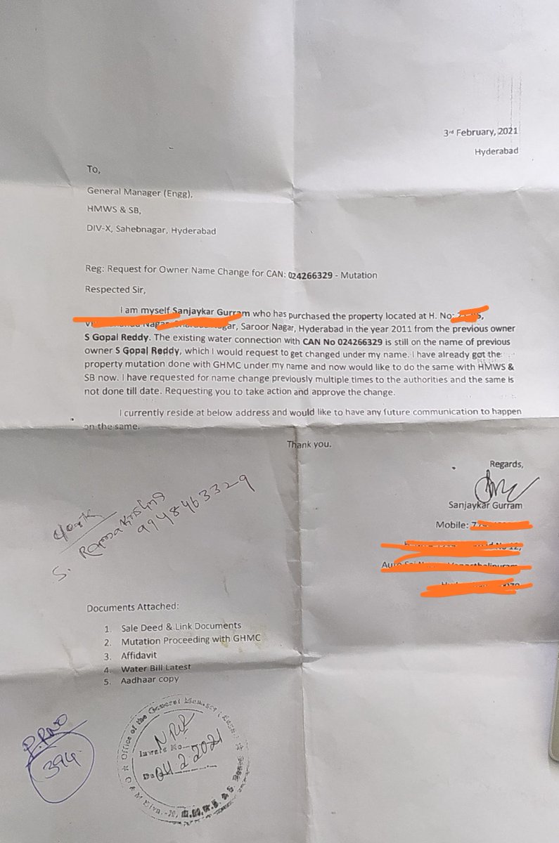 HydPassion's tweet photo. @HMWSSBOnline CAN:024266329 How many yrs will ur department take to complete mutation on this connection? This is the 3rd time we submitted an application, recently on Feb 4 2021. To date, no action is taken. Seems ur officials do not respect citizens who don't come thru brokers https://t.co/nrvN18Xk3O