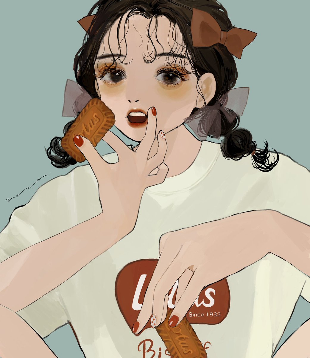 1girl solo shirt braid red nails white shirt food  illustration images