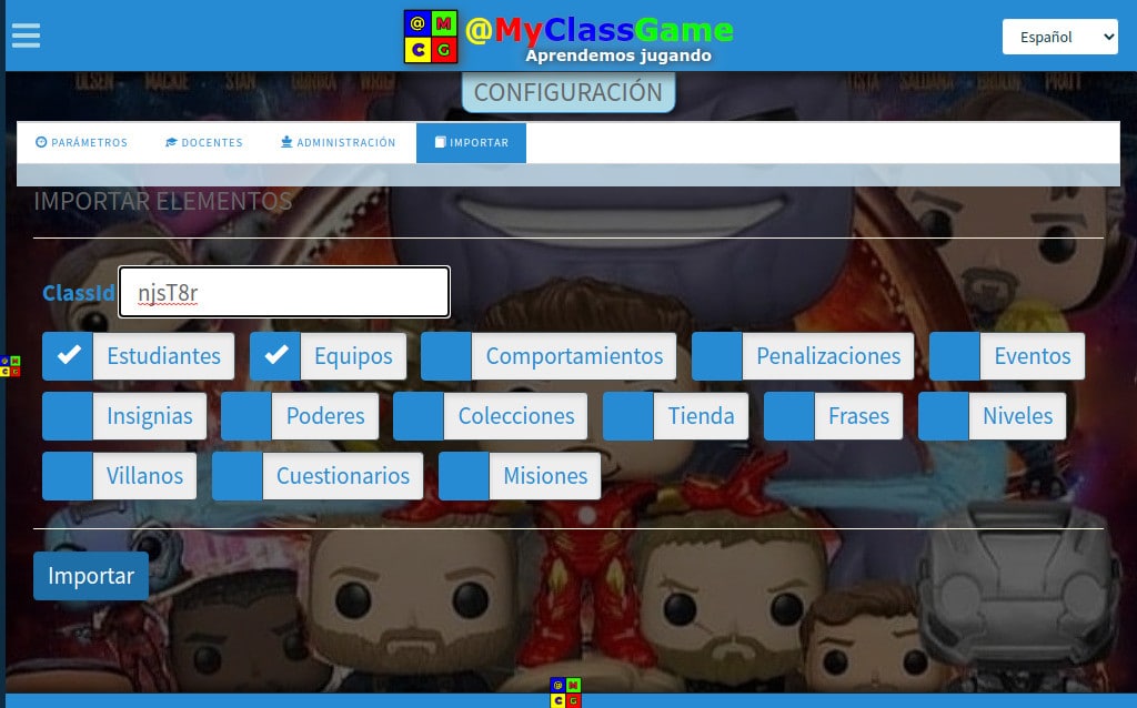 MyClassGame's tweet image. Ya podeis importar elementos de cualquier ClassId en Configuración, Importar. Seguimos trabajando...
@gamificatuaula @somprojecte @AgoraAbierta @educaINTEF @DGamificando @MyClassGameTeam @juantoman @fernando_marti7 @IIV_Docente @Jeacbo @aulamagica12 @juanintrevias @soyjujo_juanjo