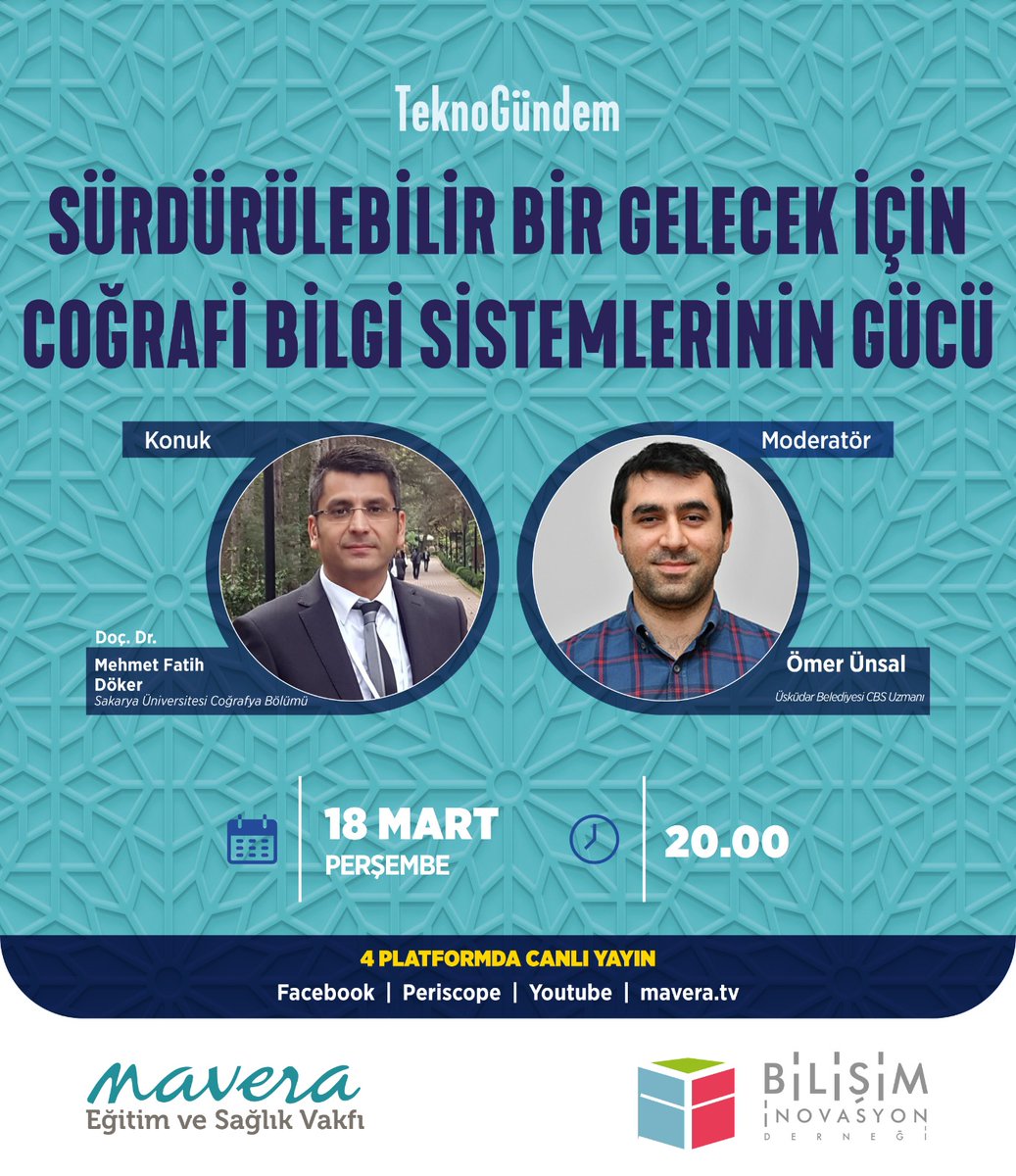 Bu Haftaki TeknoGündemimiz "Sürdürülebilir Bir Gelecek İçin Coğrafi Bilgi Sistemlerinin Gücü" Sn. Doç. Dr. Mehmet Fatih Döker 'in katılımı ve Sn. Ömer Ünsal 'ın moderatölüğünde 18 Mart Perşembe 20:00 'de canlı gerçekleşecek olan programımıza katılımınızı bekliyoruz!