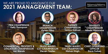 AdamsAdamslaw's tweet photo. We're proud to announce our 2021 Management Team. Kelly Thompson has been named the first female Chairperson of the Management Committee in the law firm’s 113-year history. Other new appointments include Nthabisheng Phaswana and Steven Yeates. https://t.co/Sc59x2DSBd https://t.co/SgAwq6CPuh
