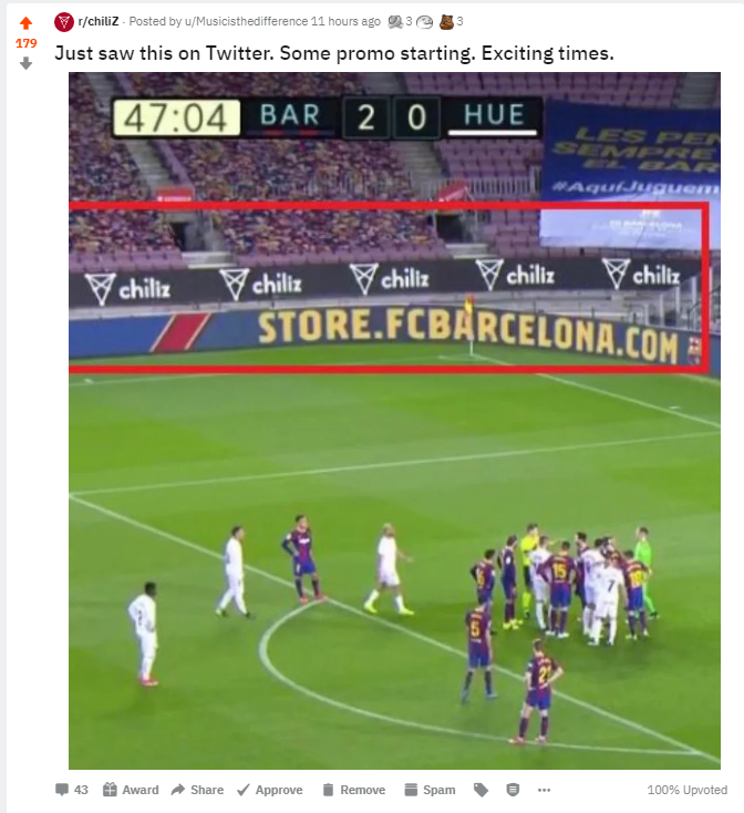 JoeBGrech's tweet photo. Cool Reddit response to the Chiliz LED at FC Barcelona.

$BAR ⚡️ $CHZ https://t.co/wiZDiyB8Mh