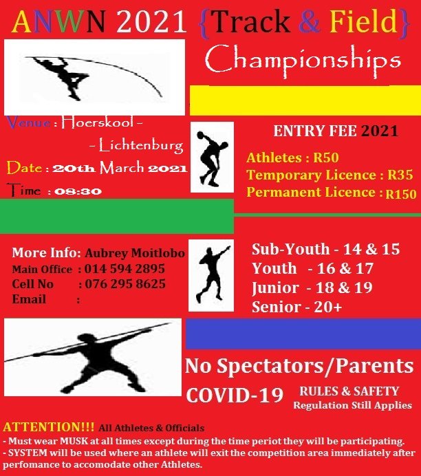 Rustyjunction's tweet image. ATTENTION ALL ANWN Athletes: 

This up-coming Saturday's Event.

ANWN 2021 Championships 

#Athletics
#AthleticsSouthAfrica
#AthleticsNorthWestNorth
#PlatinumHouseOrganization 

GOOD LUCK &amp;amp; GOD BLESS