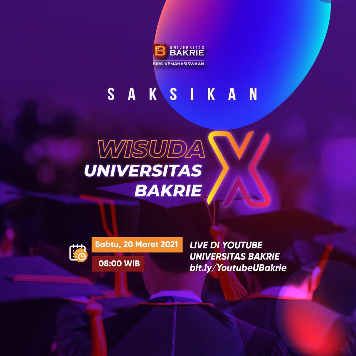 Hallo Temen-temen UBakrie!😇
Ditengah pandemi covid-19, akan asa Wisuda ke X Universitas Bakrie dilaksakan secara online lho💻

❗Catat Tanggal dan Waktunya❗
📅 Sabtu, 20 Maret 2021  |  08.00 WIB
📽️ Universitas Bakrie Youtube Channel

See You 👋