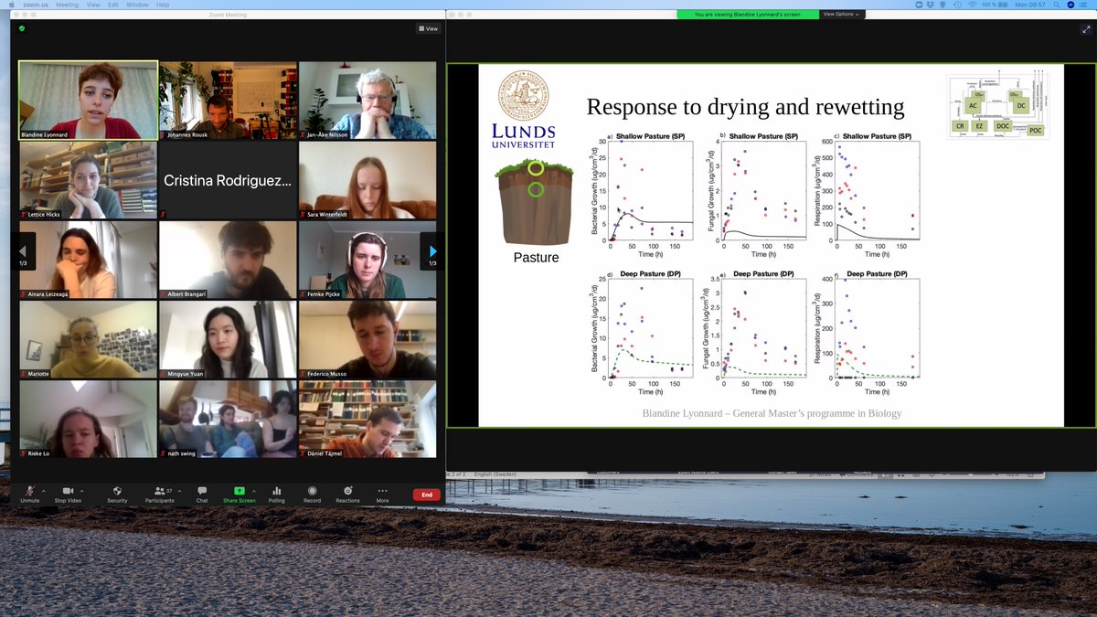 RouskLab's tweet photo. Blandine Lyonnard defends her @Biology_LU MSc #thesis expertly, navigating a fascinating audience through the complications of representing #microbialecology with @AlbertBrangari's #EcoSMMARTS model, and explaining why #landuses and #soil #depth respond differently to #rewetting https://t.co/OKcJ30fCJV