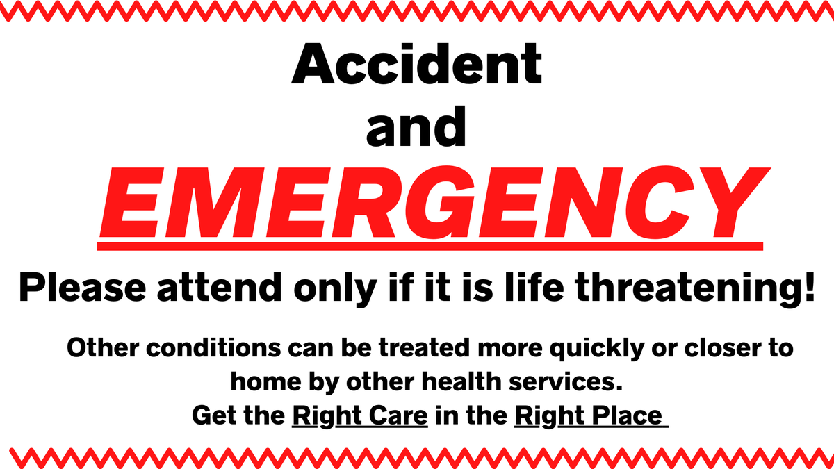 We are experiencing high numbers in our A&amp;E department today. Please only go to A&amp;E if it is a life threatening emergency. It’s vital people access the right care in the right place. For a list of other services available check: ow.ly/CVOm50DlQ7k