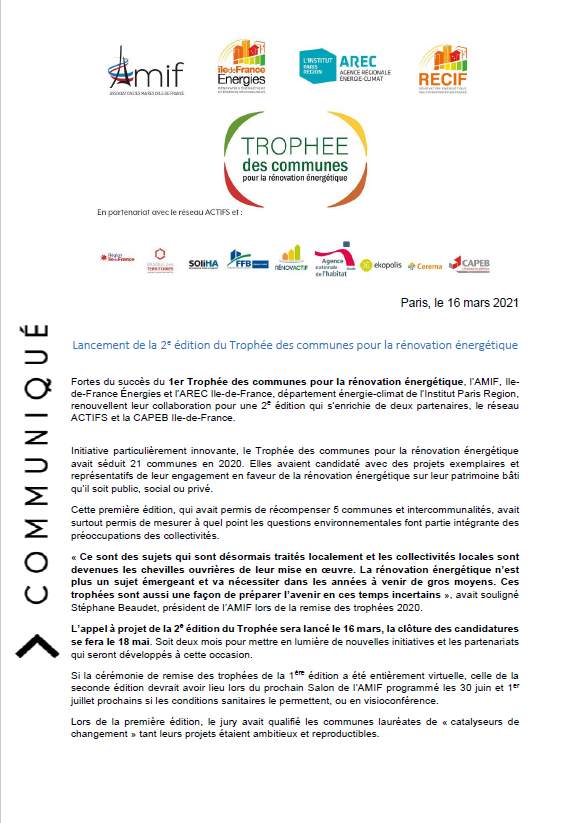 AMIF_asso's tweet image. Lancement de la 2e édition du 🏆Trophée des communes pour la #RenovationEnergetique organisé par 
@AMIF_asso, @ARECIDF, @IDFEnergies et @linstitutPR, ouvert à toutes #CollTerr et #interco #idf jusqu'au 18 mai. Pour répondre à l'appel à candidatures : fr.surveymonkey.com/r/N5F2ZSP