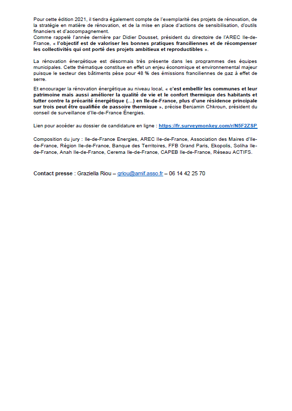 AMIF_asso's tweet image. Lancement de la 2e édition du 🏆Trophée des communes pour la #RenovationEnergetique organisé par 
@AMIF_asso, @ARECIDF, @IDFEnergies et @linstitutPR, ouvert à toutes #CollTerr et #interco #idf jusqu'au 18 mai. Pour répondre à l'appel à candidatures : fr.surveymonkey.com/r/N5F2ZSP