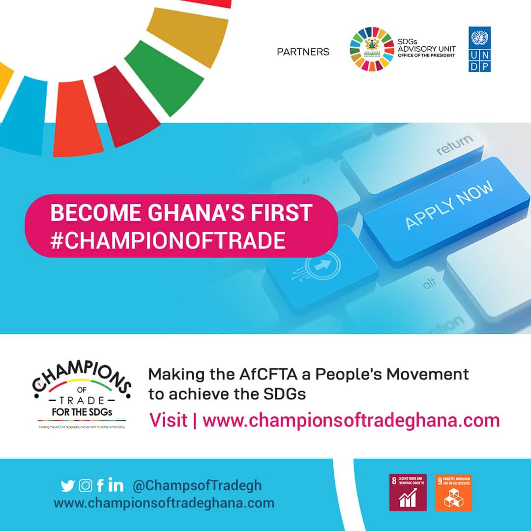 Do you have an outstanding idea on how to make the #AfCFTA a people’s movement? Apply NOW! Win funds to get your idea up and running! Proudly brought to you by <a href="/SDGsPresidency/">SDGs Ghana @ Presidency</a> and <a href="/UNDPGhana/">UNDP Ghana</a>.

Apply ➡️ championsoftradeghana.com