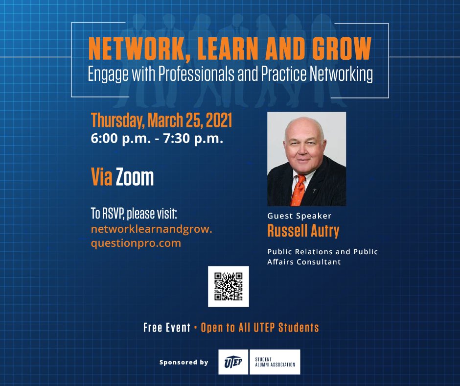 UTEP_SAA's tweet photo. Do you need practice networking? We as the UTEP Student Alumni Association are hosting our annual Network, Learn, and Grow event! All UTEP students are welcome to attend. https://t.co/50JOruOrko