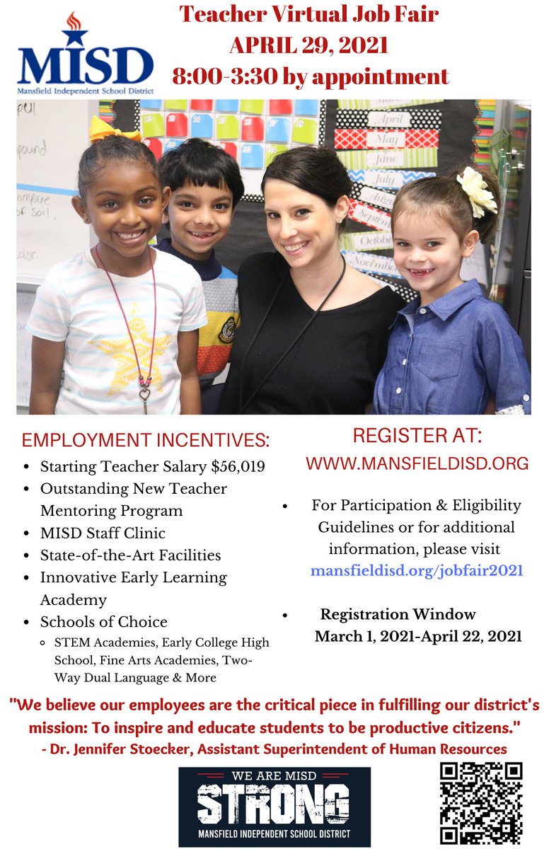 THIS WEEK: <a href="/mansfieldisd/">Mansfield ISD</a> holds their annual Teacher Job Fair on 4/29 from 8am to 3:30pm CST. More information and registration available at mainsfieldisd.org #teachUTA