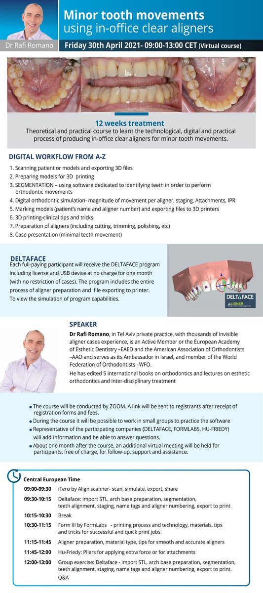 Course: minor tooth movements using in-office clear aligners with Dr Rafi Romano !

to register: docs.google.com/forms/d/e/1FAI…

#orthodontics #clearaligners #dentistry #dental