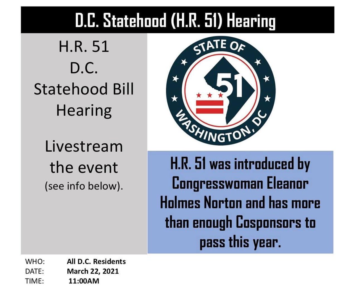 WNDC_1922's tweet photo. We want #DCStatehood now! 6 DAYS until the hearing on H.R. 51, Congresswoman @EleanorNorton’s bill to provide for the admission of the State of Washington, D.C. into the Union. ALL Americans deserve equal representation! #ShowUp4DC 
link to watch: https://t.co/K8WfpiZ6H0 https://t.co/ktoBYKjddW