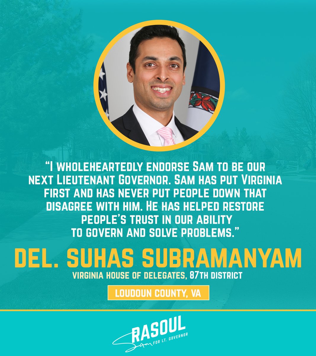 SuhasforVA's tweet photo. I wholeheartedly endorse @Sam_Rasoul to be our next Lieutenant Governor. Sam has put Virginia first and has never put people down that disagree with him. He has helped restore peopleโs trust in our ability to govern and solve problems. https://t.co/XGftsLPVGf