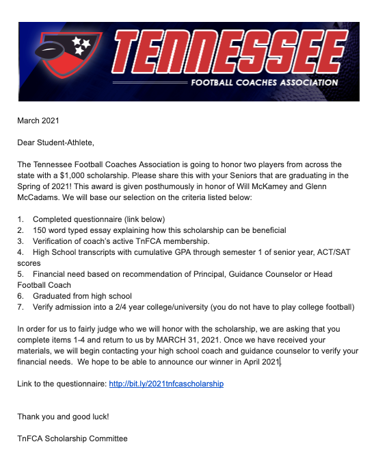 TFCAFootball's tweet photo. Coaches pls share and retweet the information for our scholarship! The deadline is 15 days away.  Easy way to get $1,000 for two Seniors. They do NOT have to be playing football at the next level to be eligible. See pic for more details. https://t.co/BeVi4M9HVD https://t.co/IhnaiShFgr