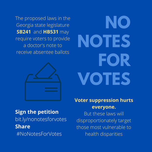 emorydpt's tweet photo. 1/ Join @hstat_emory (a group of healthcare professionals and students in the state of Georgia) in opposing any laws introduced by the Georgia General Assembly that restrict access to voting. Sign our petition at this link: https://t.co/jnztBd1fJr #NoNotesForVotes. https://t.co/epJsXBt8N0