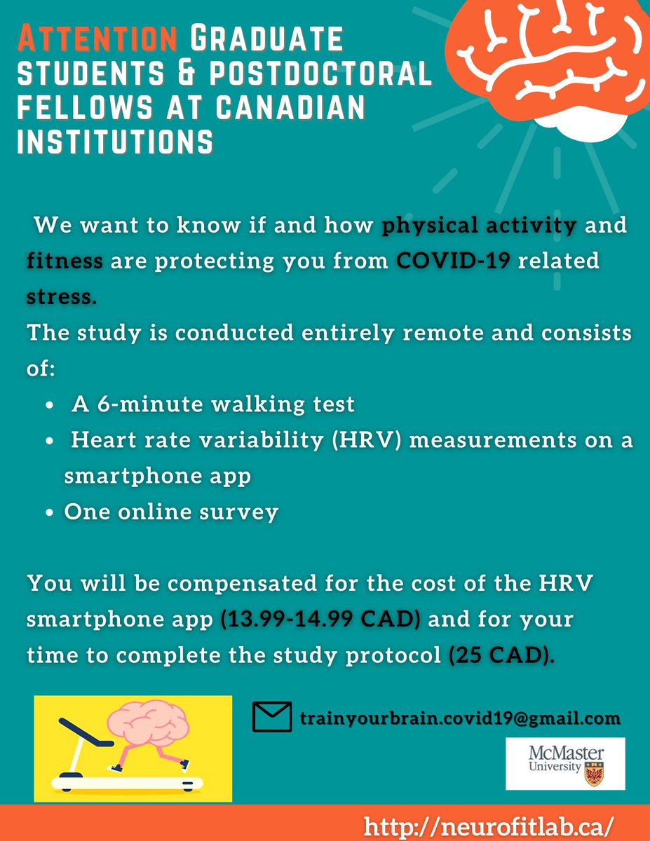 Maryam Marashi, MSc (@maryam_marashi) on Twitter photo Attention Grad Students🇨🇦! Earn $25 (CAD) and help our lab understand the relationship between physical activity, fitness, and stress!
📧trainyourbrain.covid19@gmail.com
#phdchat
<a href="/academicvoices/">Voices of Academia</a>
<a href="/AcademicChatter/">Academic Chatter™</a> Attention Grad Students🇨🇦! Earn $25 (CAD) and help our lab understand the relationship between physical activity, fitness, and stress!
📧trainyourbrain.covid19@gmail.com
#phdchat
<a href="/academicvoices/">Voices of Academia</a>
<a href="/AcademicChatter/">Academic Chatter™</a>