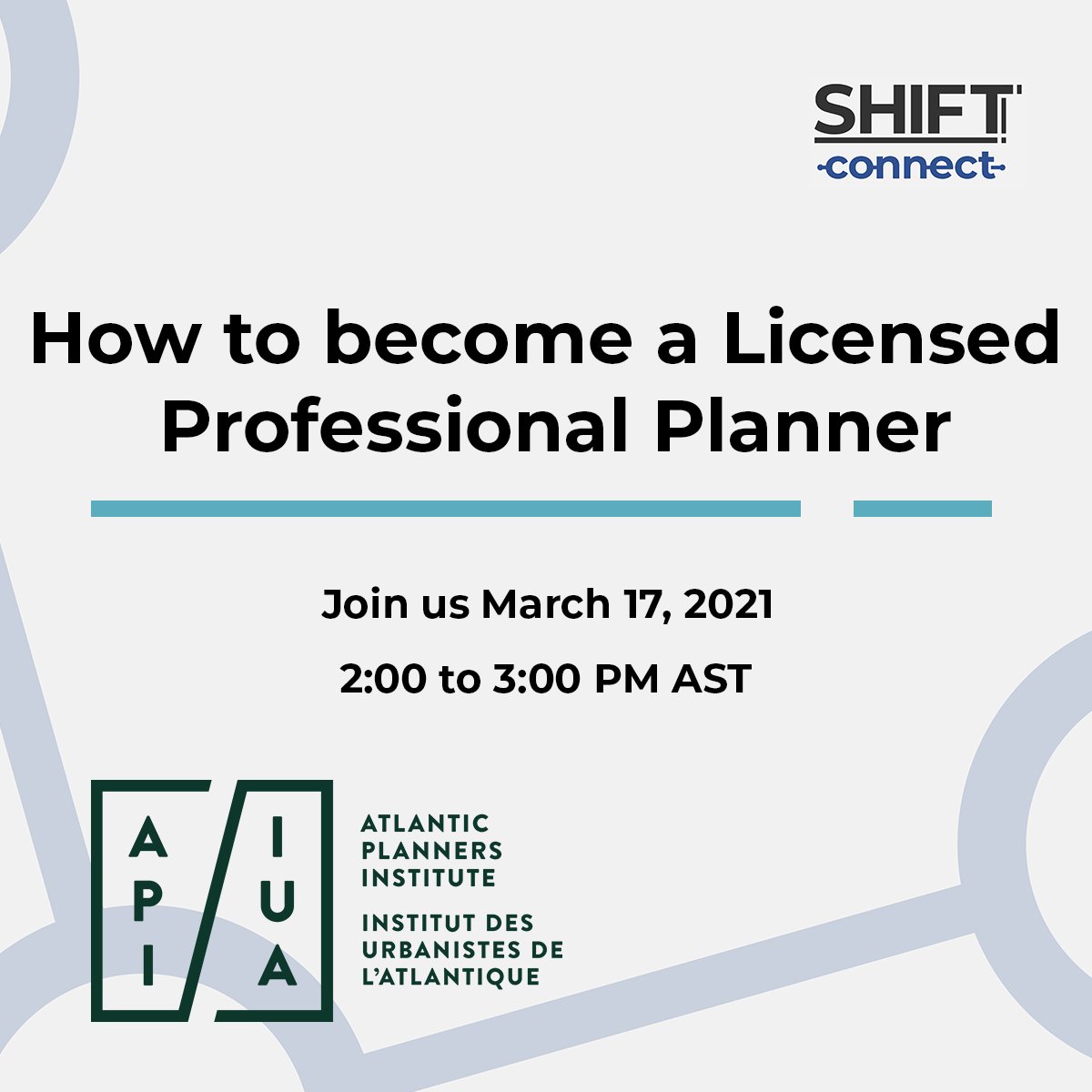 SPECIAL EVENT: Hear from Professional Standards Board (PSB) staff as they provide information and advice to help you navigate the PSB certification process to become a Licensed Professional Planner. 
.
Register here shiftplanningconference.webnode.com/tickets/
for Day 3 and join us 2-3 PM AST.