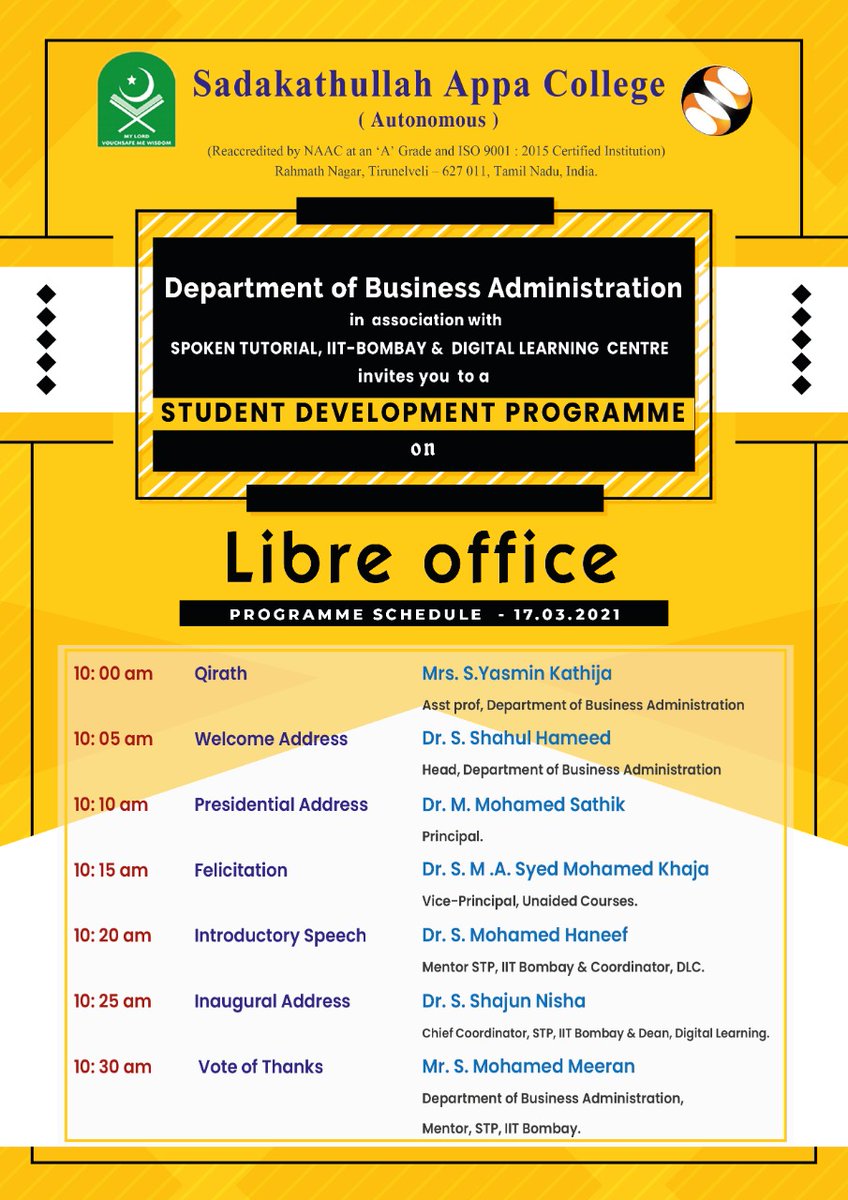 SACTIRUNELVELI's tweet image. The Dept. of Business Administration, in association with Spoken Tutorial, @IITBombay & Digital Learning Centre, invites you to a Student Development Programme on 'LibreOffice' to be held from March 17, 2021.
Inauguration: 10 am, Mar 17
#IITBombay #SpokenTutorial @libreoffice