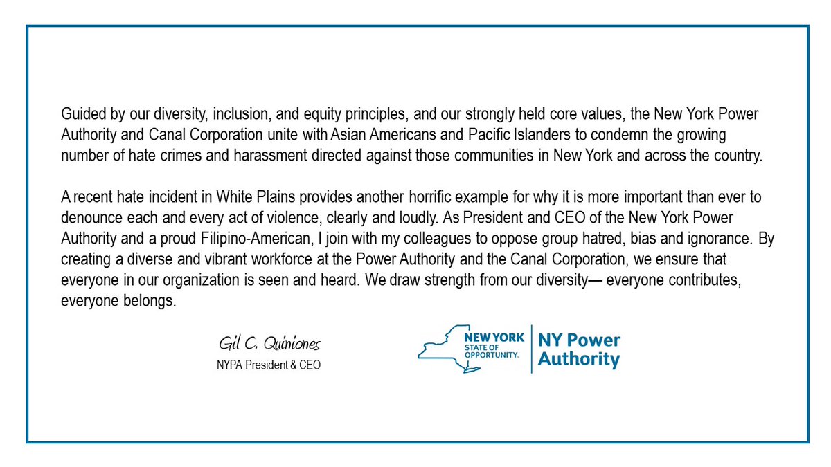 Statement from NYPA CEO <a href="/GQenergy/">Gil Quiniones</a> in response to the attack on an 83-year-old Korean American in White Plains, NY last week, as reported in the <a href="/WashingtonPost/">The Washington Post</a>. 

wapo.st/3eEIOhA
