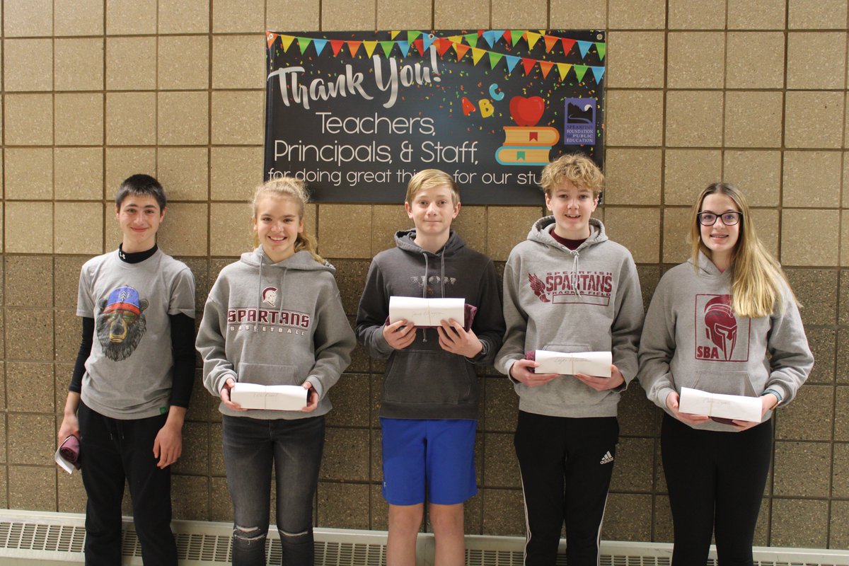 Spartan PRIDE winners for 2nd trimester at SMS. PRIDE ticket winners with t-shirts and gift cards to Spearfish businesses. Culvers grade level attendance winner is the 6th grade class! Tremendous Spartan PRIDE showing by all students and staff. #spearfishms
