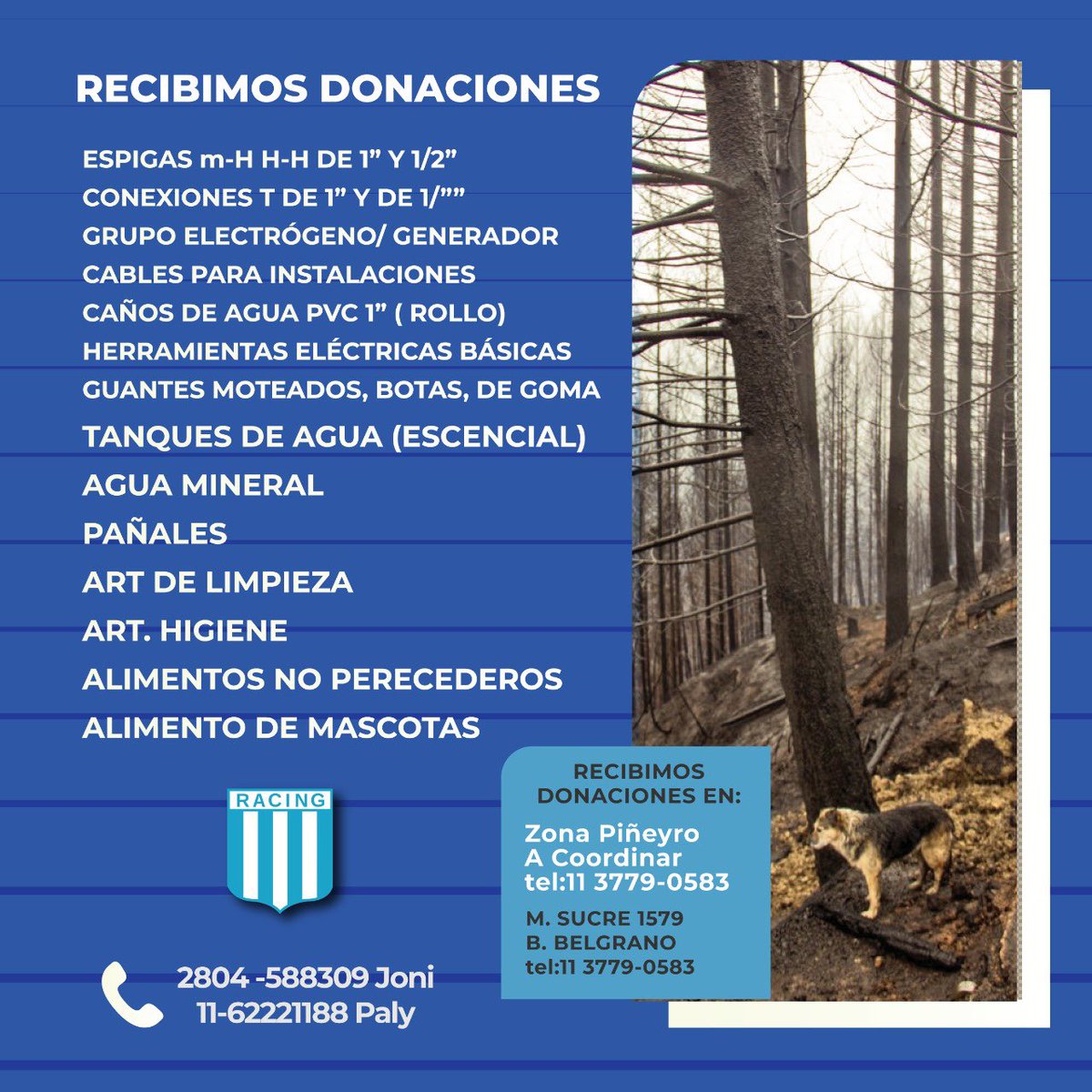luanafm22's tweet photo. Por favor difundir:
En colaboración con @RacingSolidario estamos recibiendo donaciones en Zona Sur y Zona Norte para colaborar con las familias que han sufrido pérdidas en el sur del país. El miércoles sacamos el primer camión hacia la Patagonia. Necesitamos ayuda! https://t.co/p9xI3REcPR