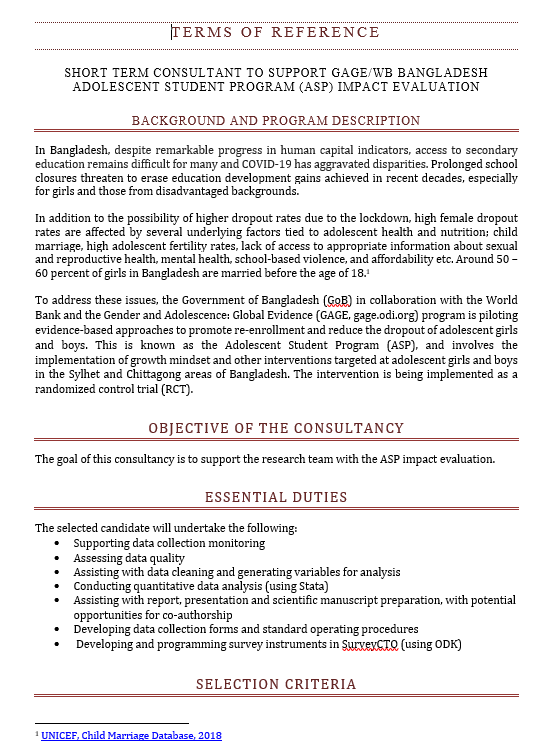 seagerje's tweet photo. We are hiring a short term consultant to support an RCT testing interventions to increase school enrollment among adolescents in Bangladesh. Interested candidates can send their CV directly to me (jseagermuz@gwu.edu). See attached for detail. #EconTwitter https://t.co/1175YsatoR