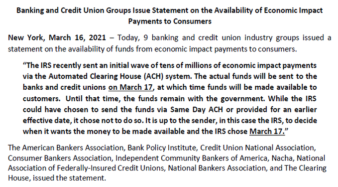 ConsumerBankers's tweet photo. NEW: CBA joined 8 other industry groups today in issuing the below statement regarding availability of #EIP3 funds to consumers 👇 https://t.co/xSrq2uuucm